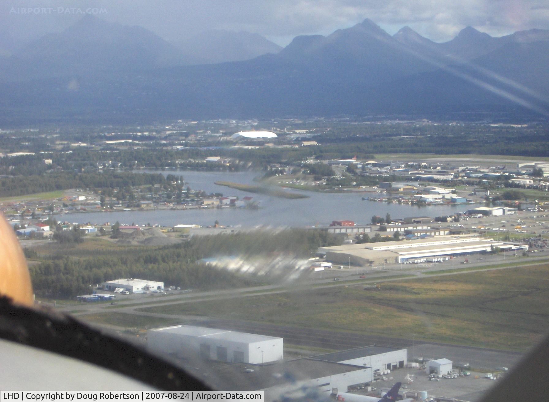 Lake Hood Seaplane Base (LHD) - Lake Hood SPB taken above ANC Anchorage Int'l Airport from DHC-2 Beaver float plane N4444Z enroute to LHD