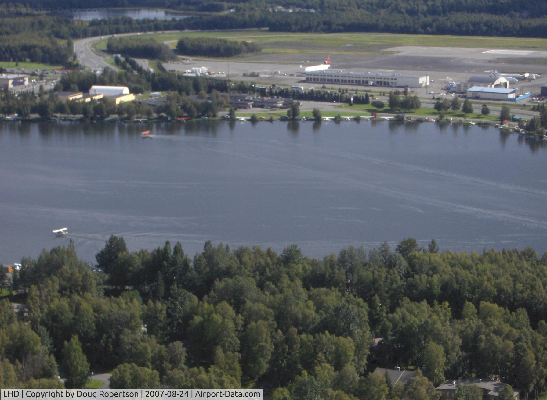 Lake Hood Seaplane Base (LHD) - Lake Hood SPB, Anchorage Int'l Airport ANC in background-taken from DHC-2 Beaver float plane N4444Z enroute to LHD