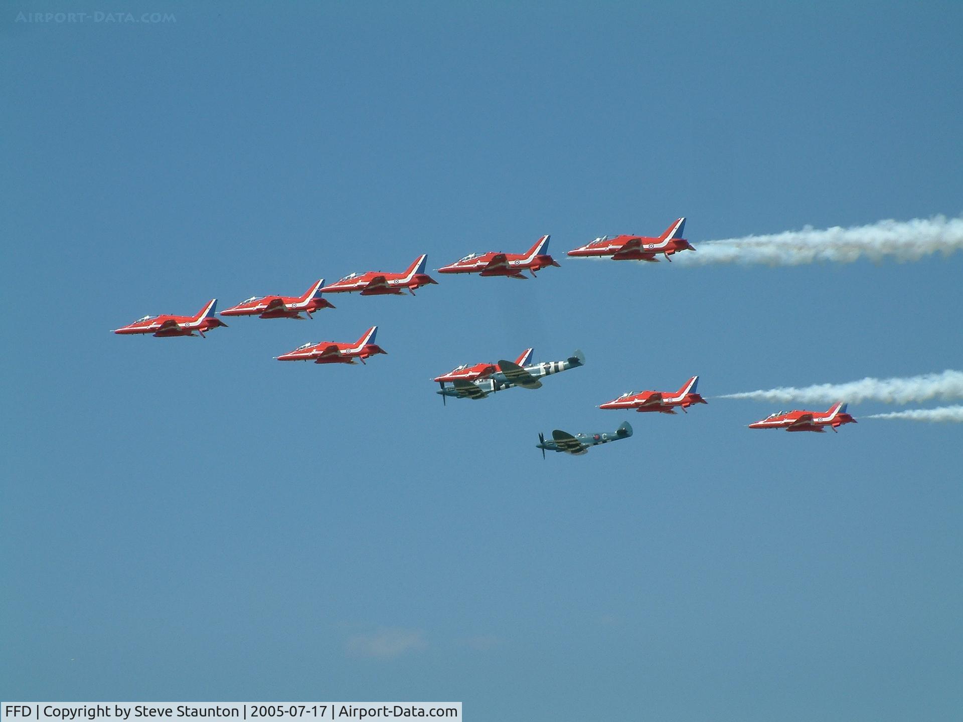 RAF Fairford Airport, Fairford, England United Kingdom (FFD) - Red Arrows and Three Spitfires at Royal International Air Tattoo 2005
