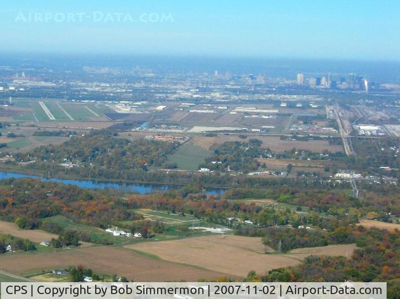 St Louis Downtown Airport (CPS) - Looking NW from 2500' with the Gateway Arch and downtown St. Louis to the far right.