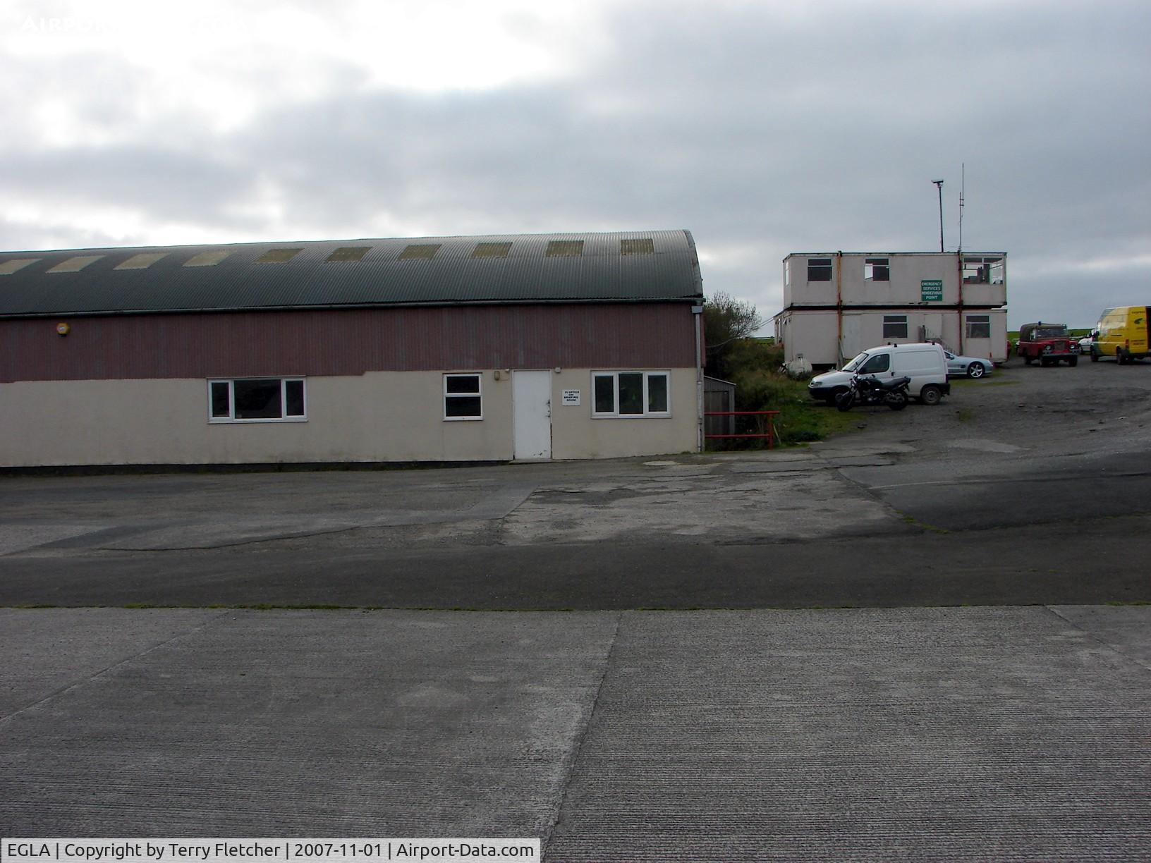 Bodmin Airfield Airport, Bodmin, England United Kingdom (EGLA) - Control Tower and side of main hangar