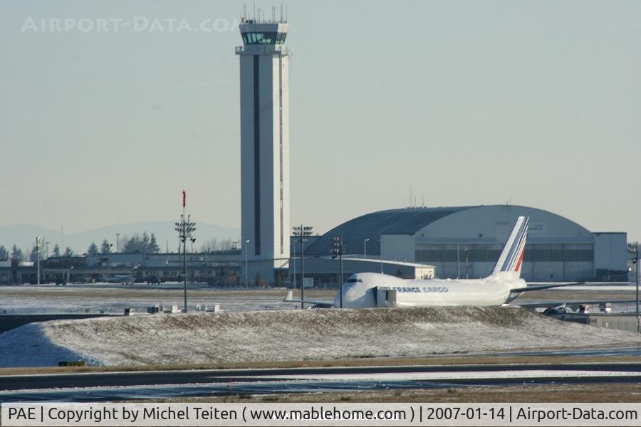 Snohomish County (paine Fld) Airport (PAE) - A new 747-400 cargo for Air France Cargo undertakes engine tests under the control tower