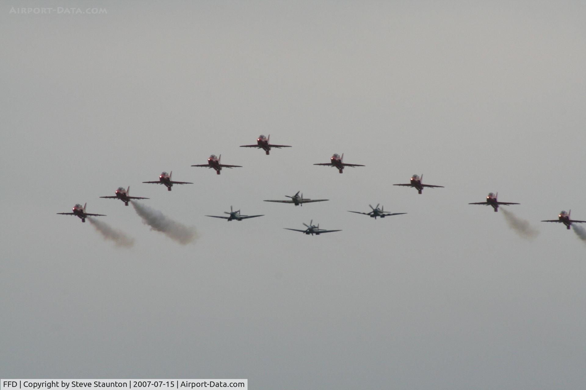 RAF Fairford Airport, Fairford, England United Kingdom (FFD) - Red Arrows with three Spitfires and 1 Hurricane at Royal International Air Tattoo 2007