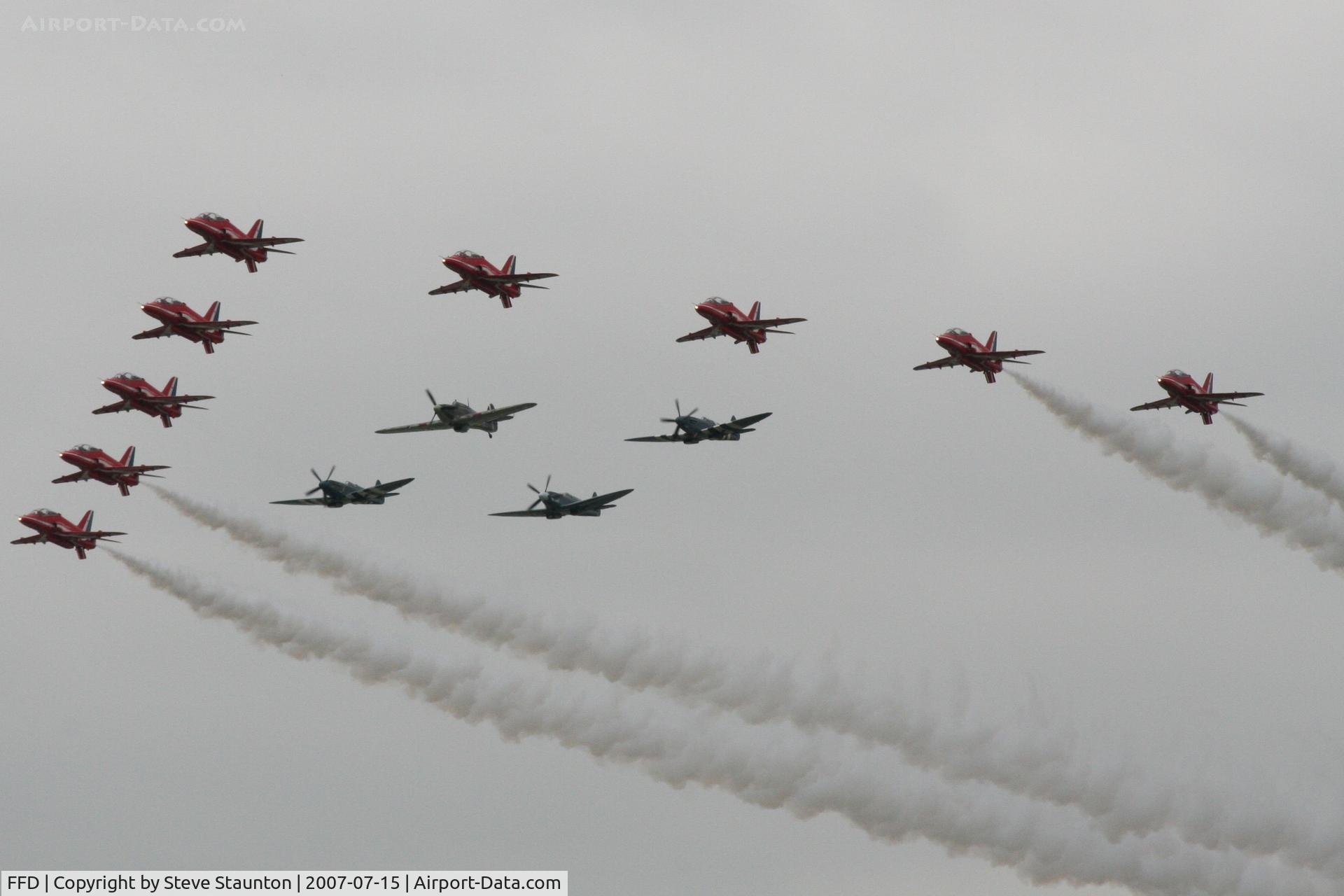 RAF Fairford Airport, Fairford, England United Kingdom (FFD) - Red Arrows with three Spitfires and 1 Hurricane at Royal International Air Tattoo 2007