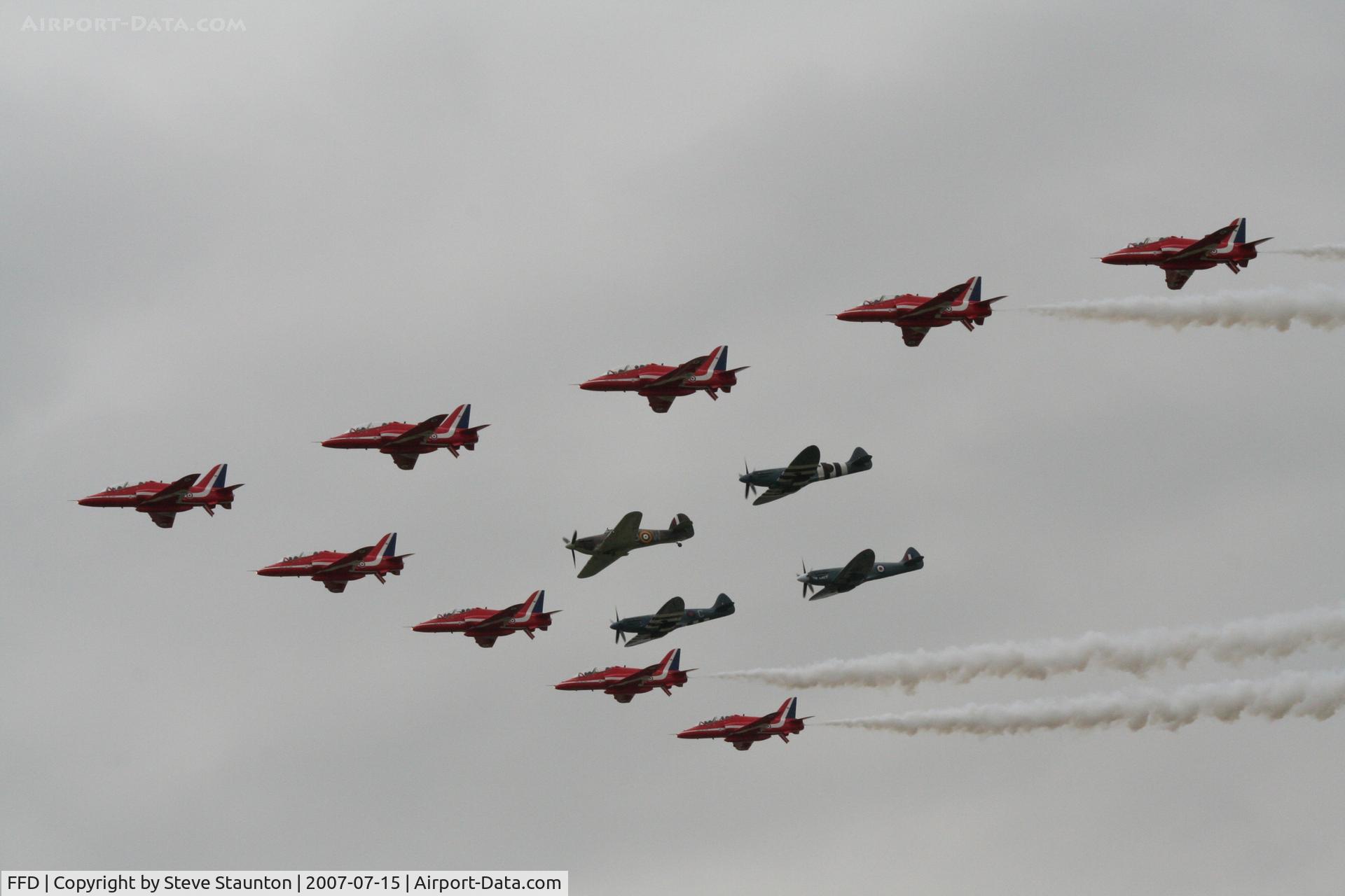 RAF Fairford Airport, Fairford, England United Kingdom (FFD) - Red Arrows with three Spitfires and 1 Hurricane at Royal International Air Tattoo 2007