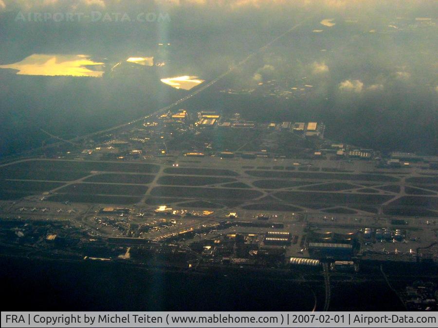 Frankfurt International Airport, Frankfurt am Main Germany (FRA) - Over Frankfurt early in the morning - Former USAF Rhein-Main Air Base in the middle of the picture