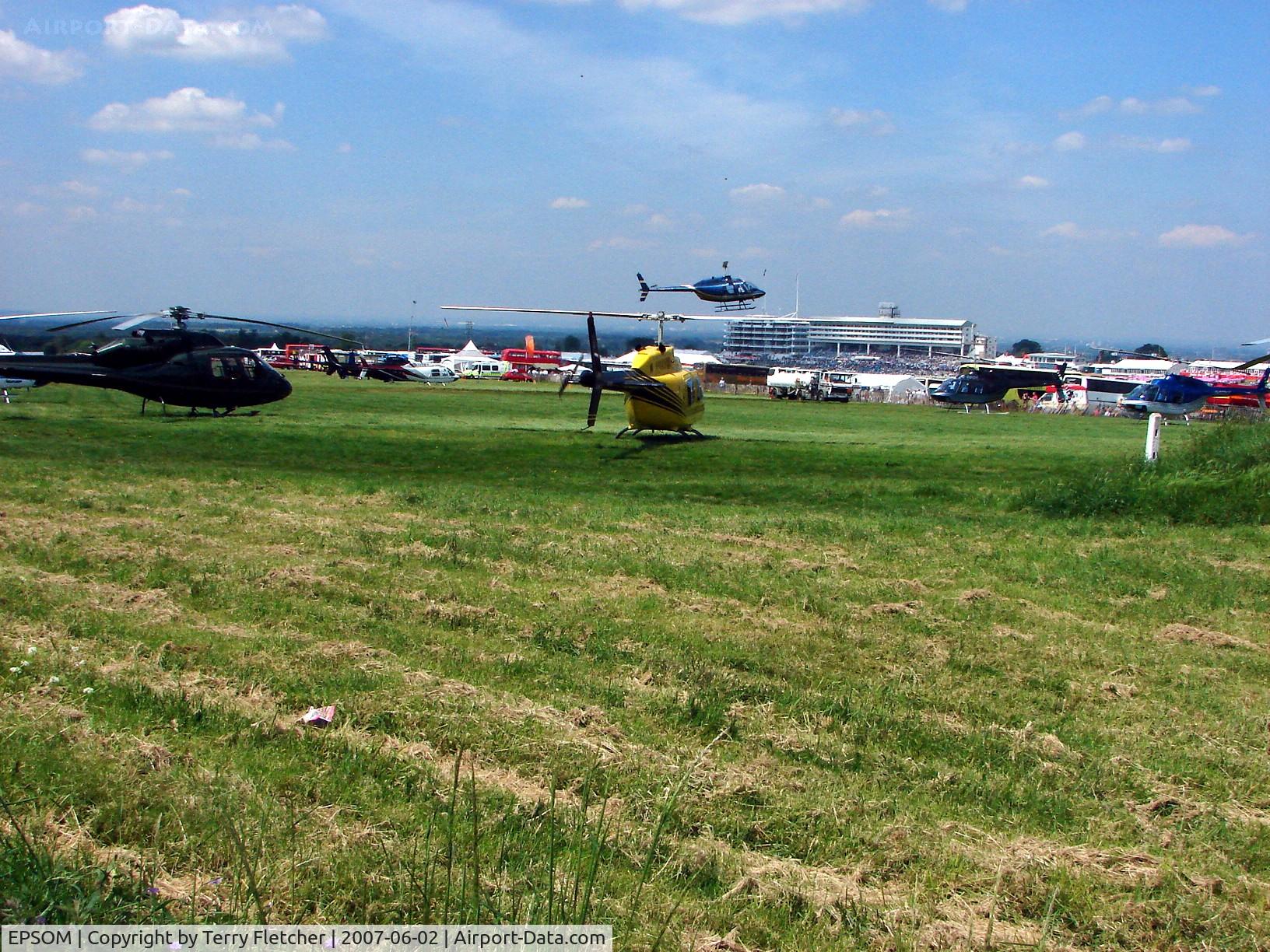 EPSOM Airport - THe temporary Heliport is created at the top of the Racecourse on 2007 Epsom Derby Day