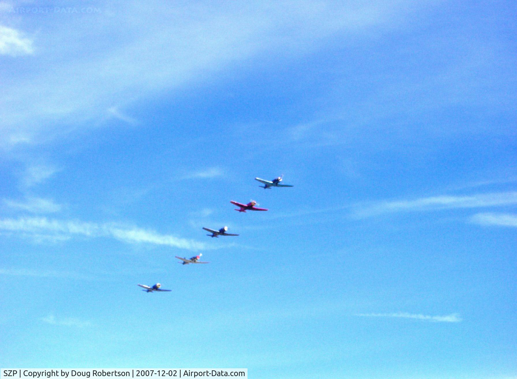 Santa Paula Airport (SZP) - Five Nanchang China CJ6-As. High in Formation Flight. Third pass.