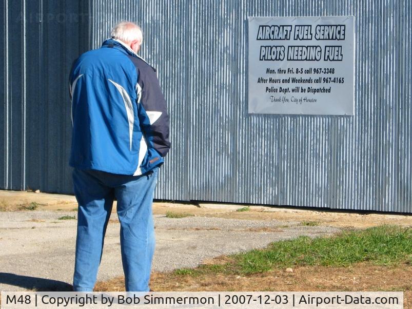 Houston Memorial Airport (M48) - Nice place for a fuel stop if you have some time.  Like Don, get your cell phone out and call the number on the hanger, or use the courtesy phone in the lounge.  The police will come out and turn the pump on - you fill.  CASH or CHECK ONLY.
