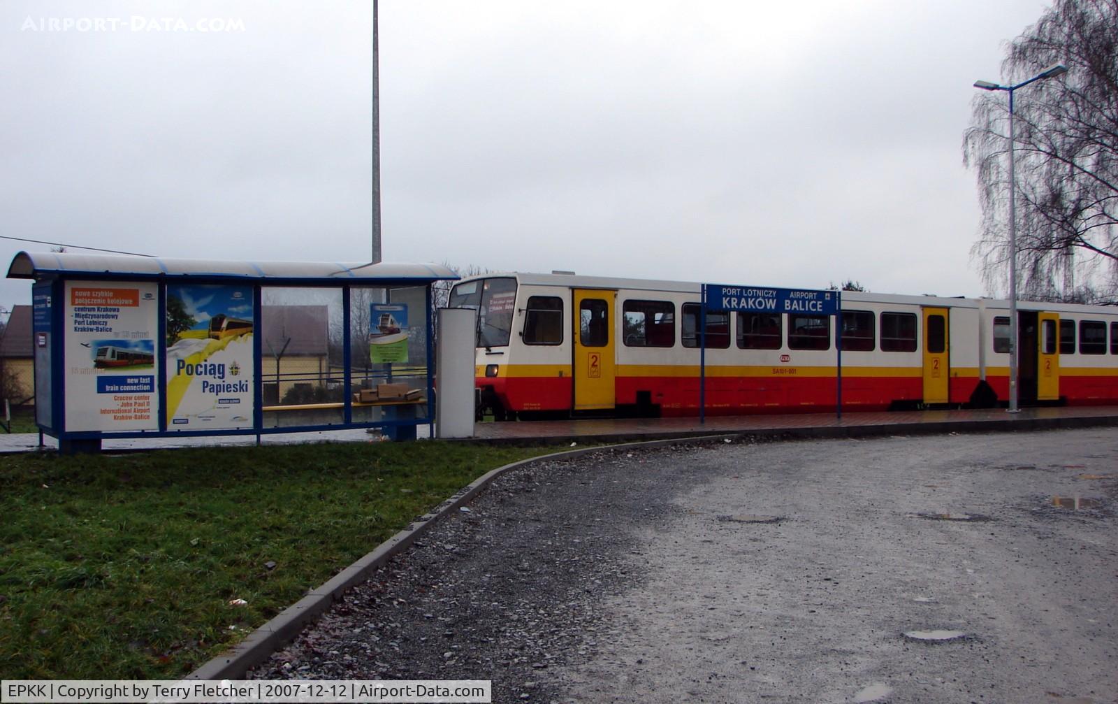 John Paul II International Airport Kraków-Balice, Kraków Poland (EPKK) - The Rail link to the centre of Krakow is marketed as the 'Balice Express'  - a little grand for a 2-car railcar leaving from a platform with a Bus Shelter ! - but the half hourly service does get you into the centre of Krakow in 16 minutes for 6 PZL