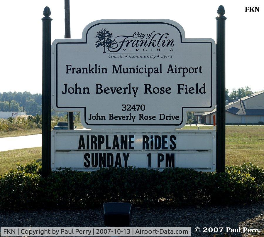 Franklin Muni-john Beverly Rose Airport (FKN) - Roadside sign at the Franklin airport