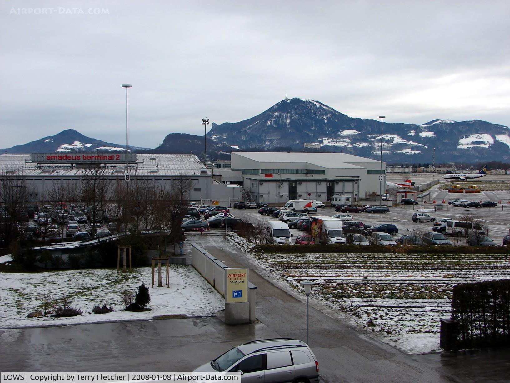 Salzburg Airport, Salzburg Austria (LOWS) - The Pension Hutter is only 100 yards from the Terminal building - Room 6 provides the enthusiast with this view- the ramp is obscured , but taxying and departing aircraft can be seen in daylight hours