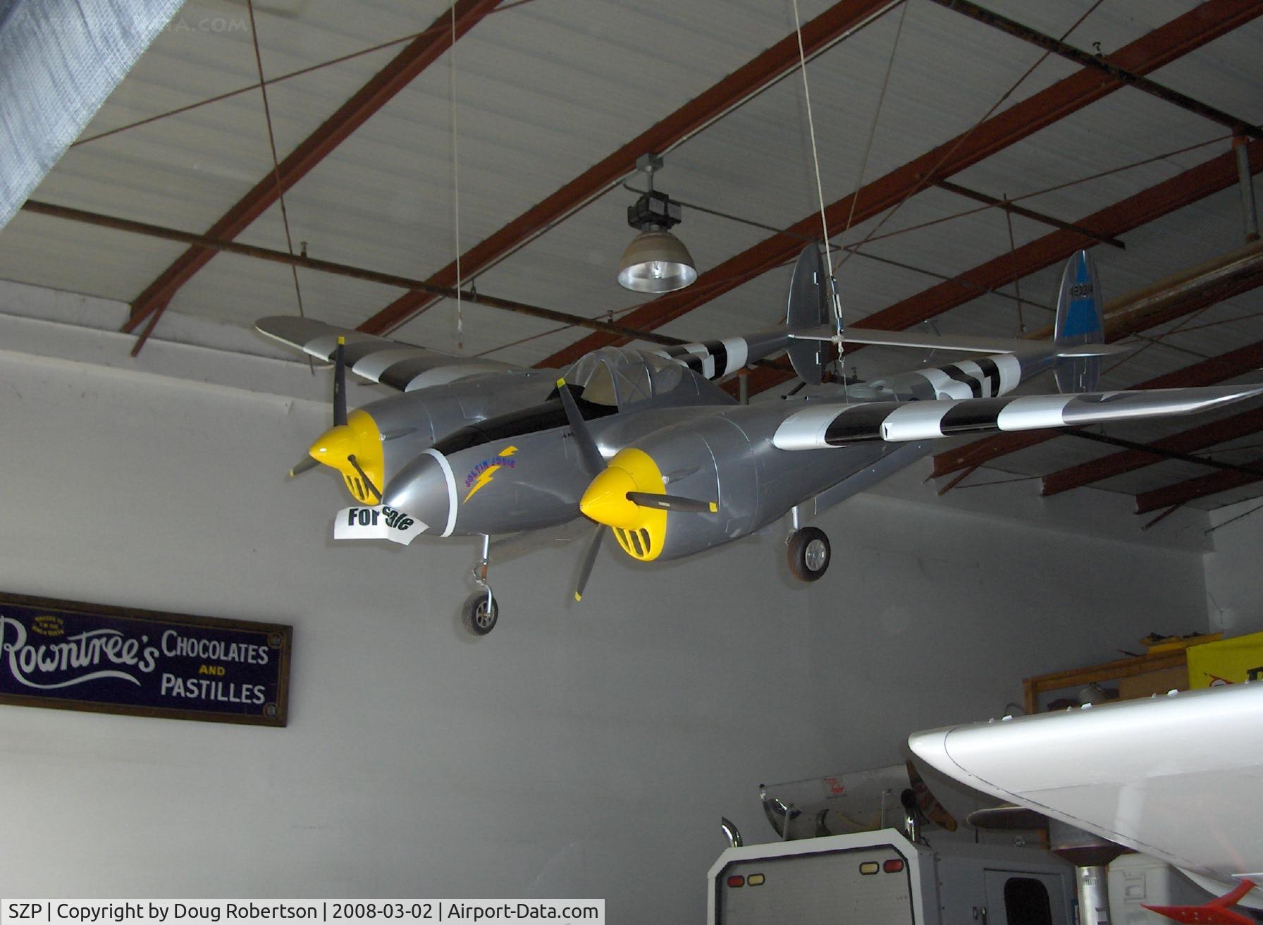 Santa Paula Airport (SZP) - Scale model Lockheed P-38 Lightning in the Pridmore Museum Hangar.