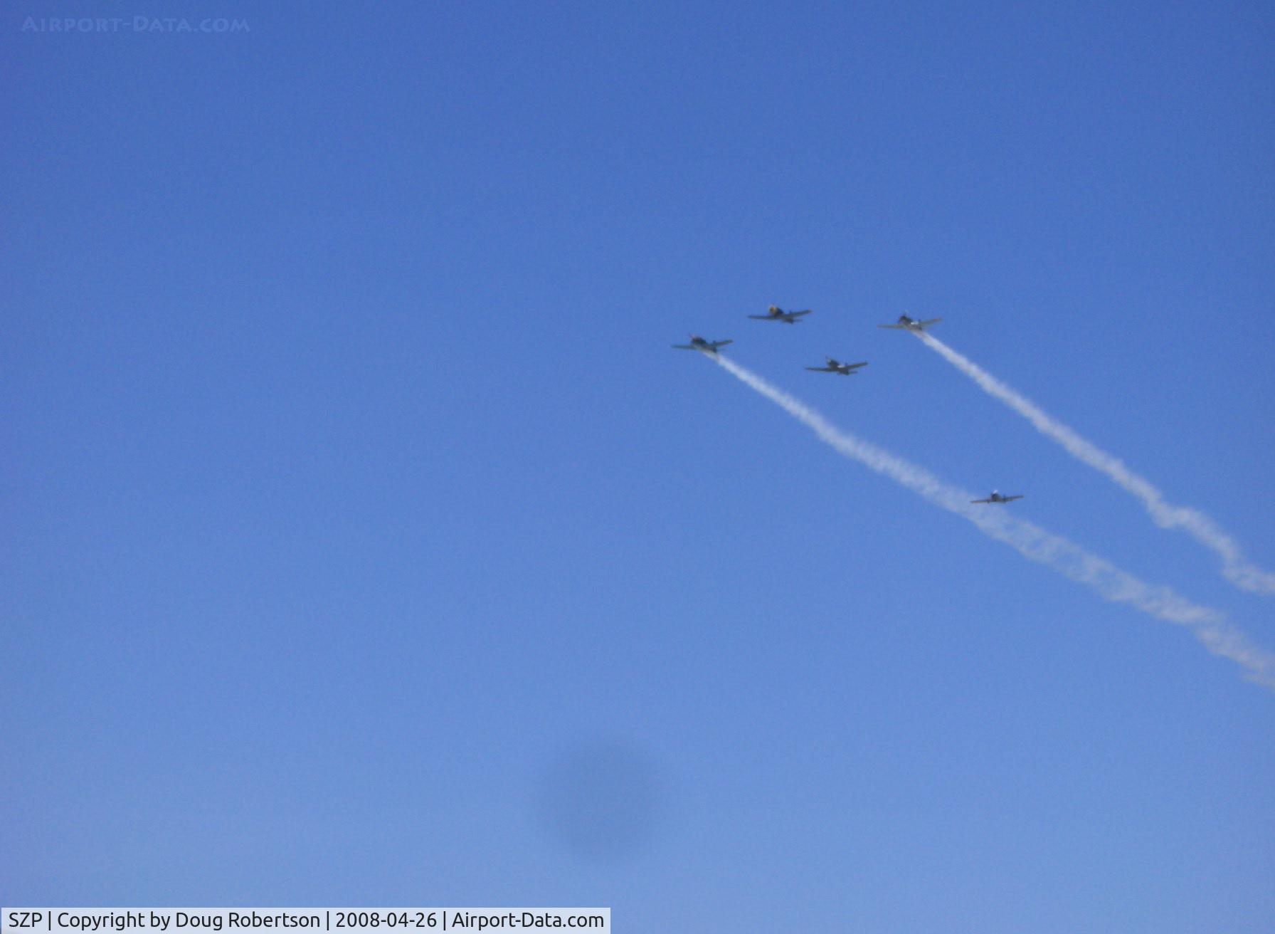 Santa Paula Airport (SZP) - Formation flight with smoke-N556TR, N9278F, N147M, N114DZ Nanchang China CJ-6As and N6294D Yakovlev Yak 52 in trail