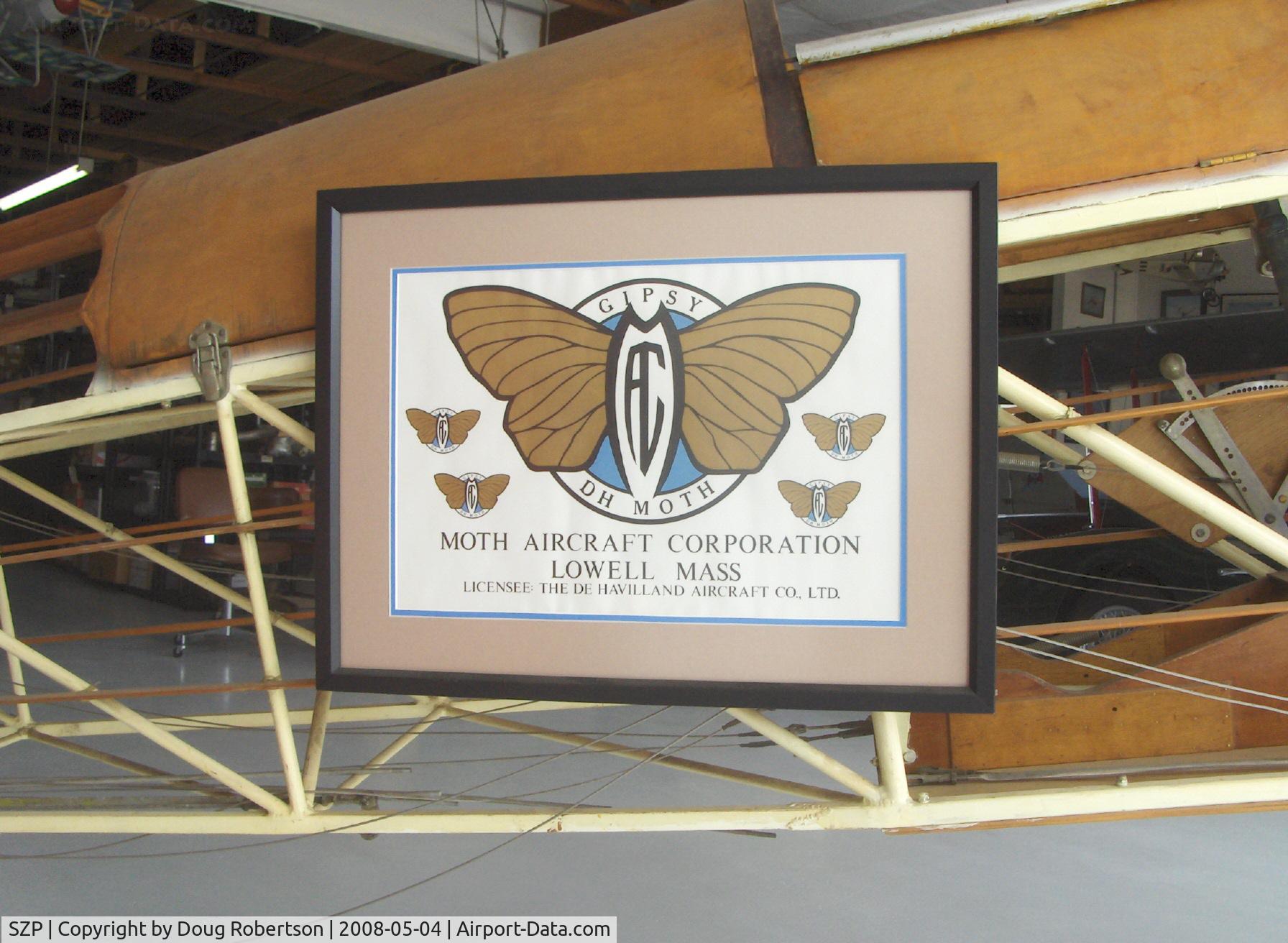 Santa Paula Airport (SZP) - Logo of the Moth Aircraft Corporation, Licensee of The DeHavilland Aircraft Company, Ltd., in the David Watson Hangar, Aviation Museum of Santa Paula