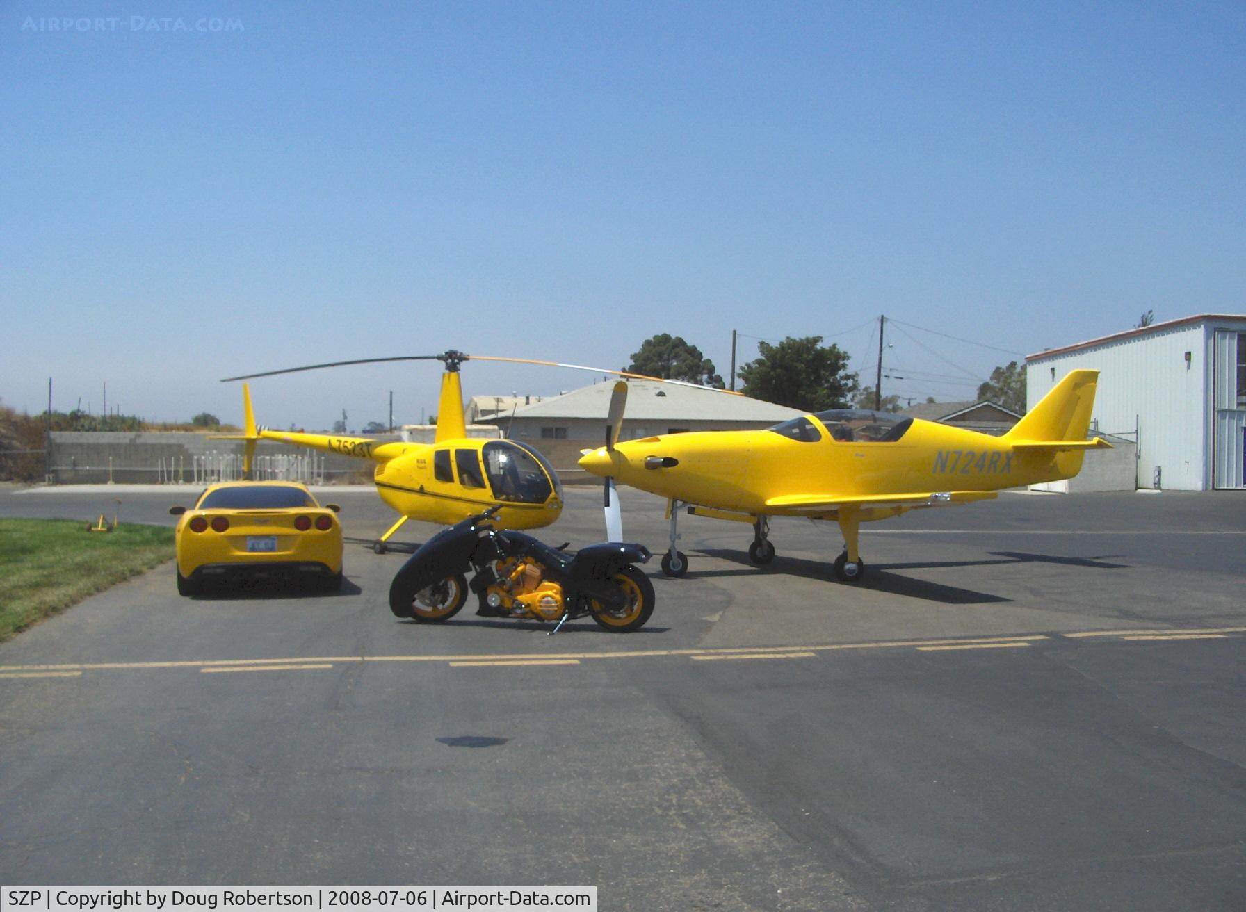 Santa Paula Airport (SZP) -  Yellow Toys for Big Boys. The bike is a one-off designed and built by the owner.