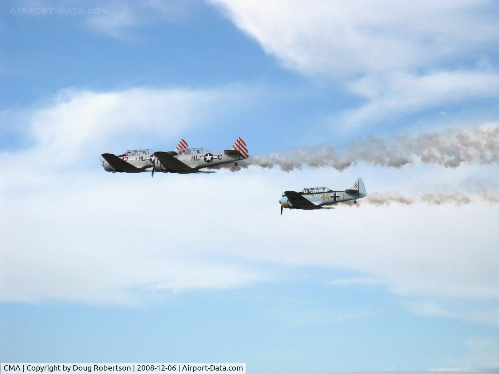 Camarillo Airport (CMA) - Three North American TEXAN Trainers Condor Squadron Overflight Arrival from SMO with smoke