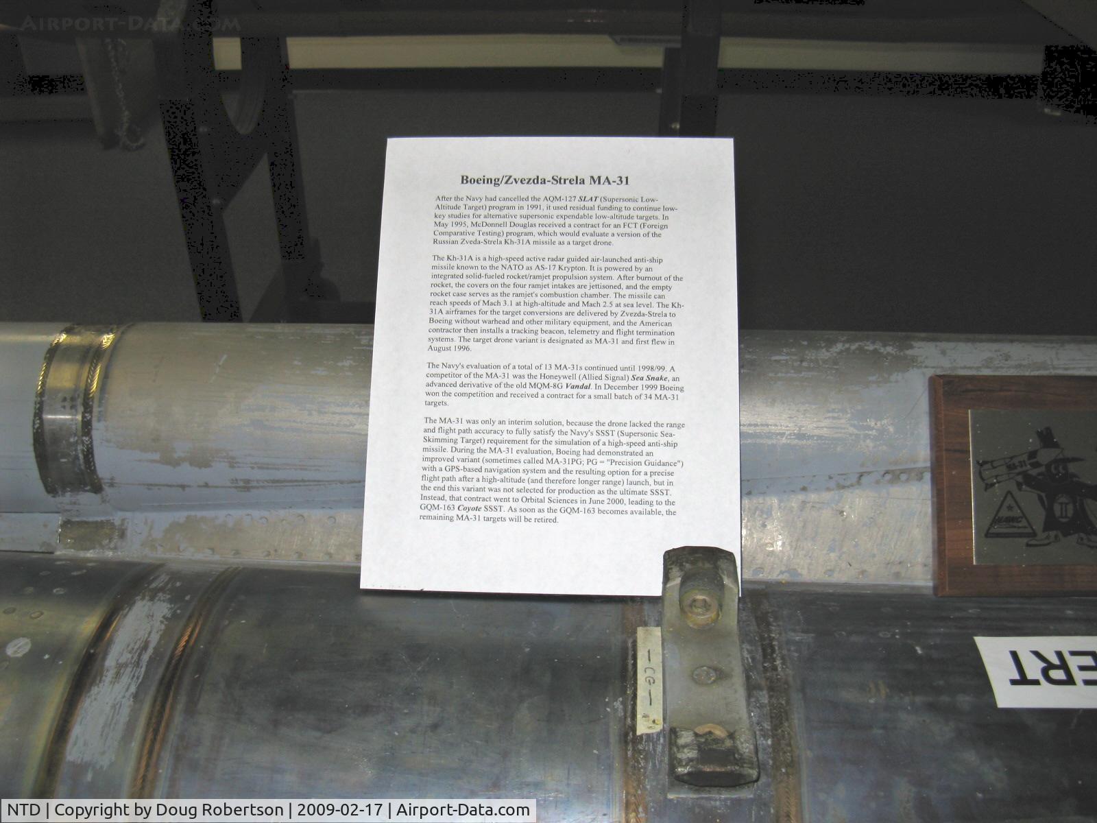 Point Mugu Nas (naval Base Ventura Co) Airport (NTD) - Boeing MA-31/Russian Zvezda-Strela Kh-31A Supersonic Skimming Target Simulator candidate-data card describing the program (please see large version for legibility), at Command History Storage Facility
