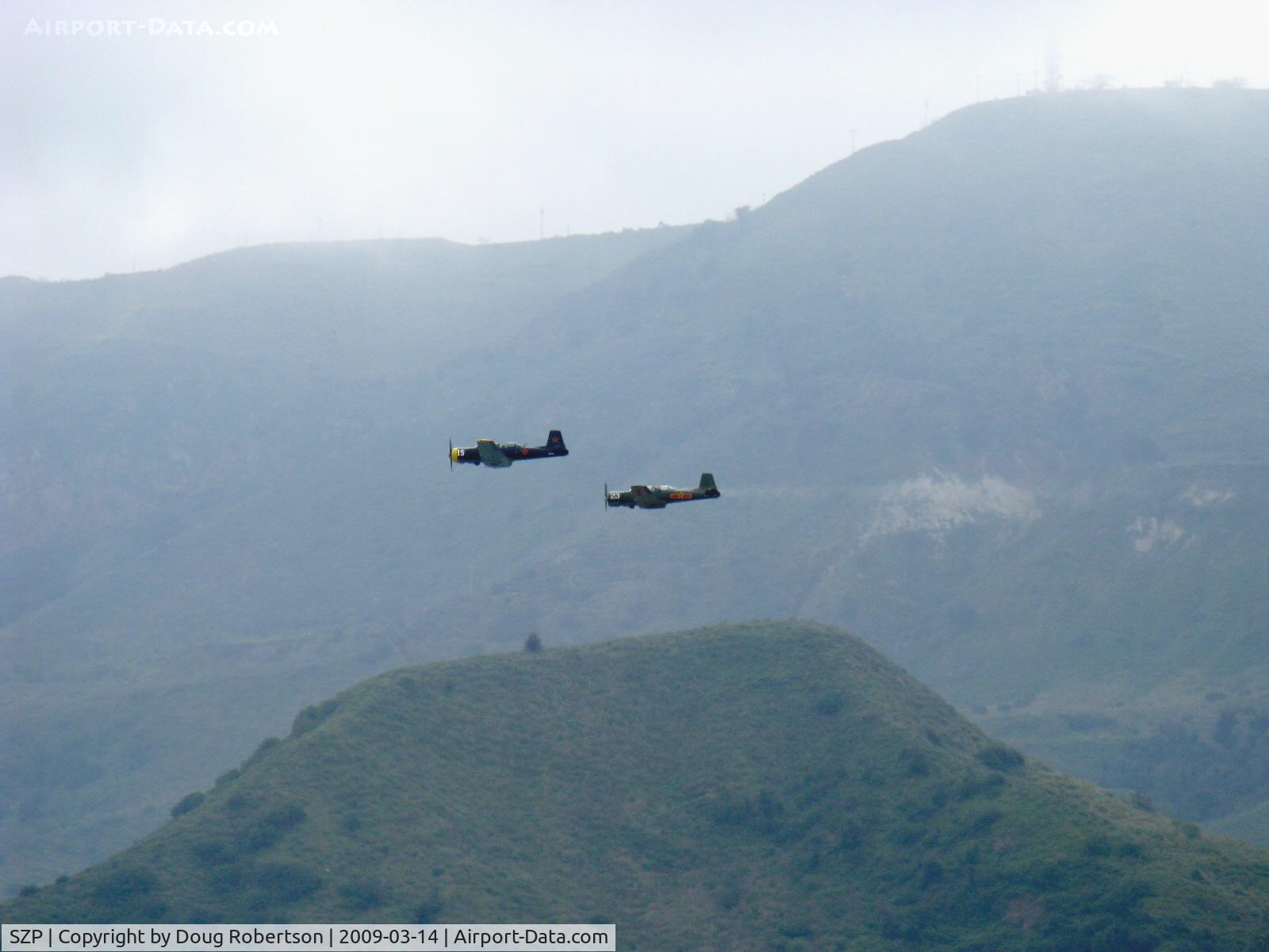Santa Paula Airport (SZP) - N9278F & N147M in Missing Man Formation Tribute Flight. Morning.