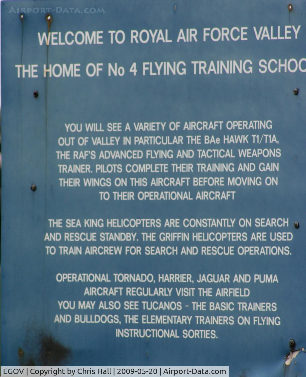 Anglesey Airport (Maes Awyr Môn) or RAF Valley, Anglesey United Kingdom (EGOV) - information sign at RAF Valley