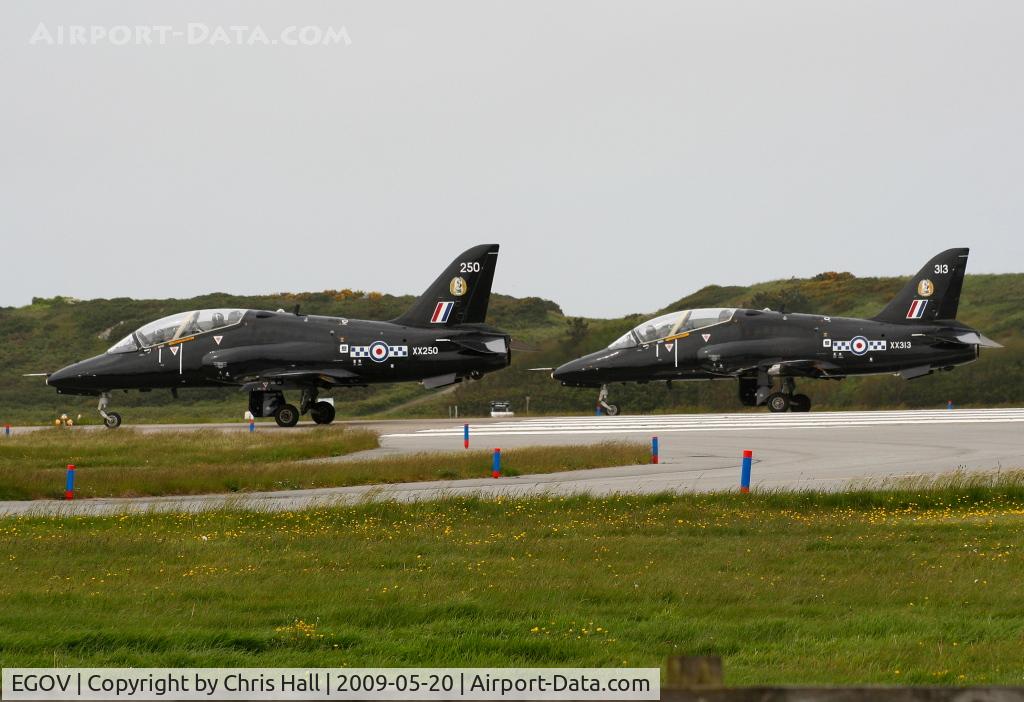 Anglesey Airport (Maes Awyr Môn) or RAF Valley, Anglesey United Kingdom (EGOV) - BAe Hawk's XX250 and XX313 of RAF No 4 FTS/208(R) Sqn