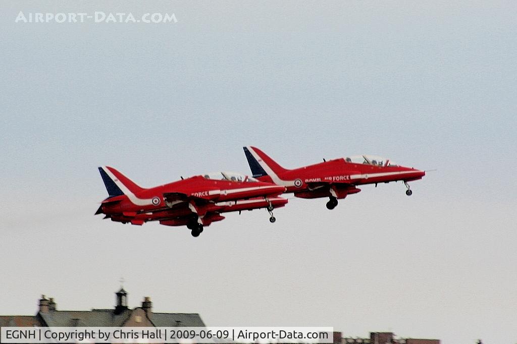 Blackpool International Airport, Blackpool, England United Kingdom (EGNH) - Red Arrows departing from Blackpool Airport after a refueling stop prior to their display in the Isle of Man