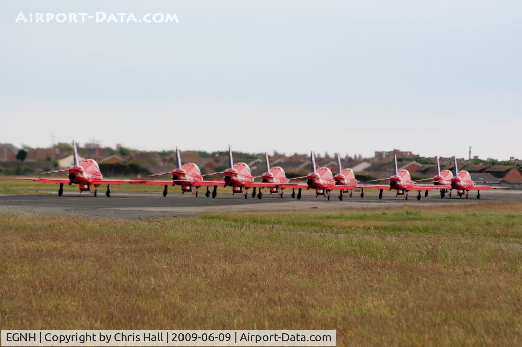 Blackpool International Airport, Blackpool, England United Kingdom (EGNH) - Red Arrows taxiing out line astern after a refueling stop prior to their display in the Isle of Man
