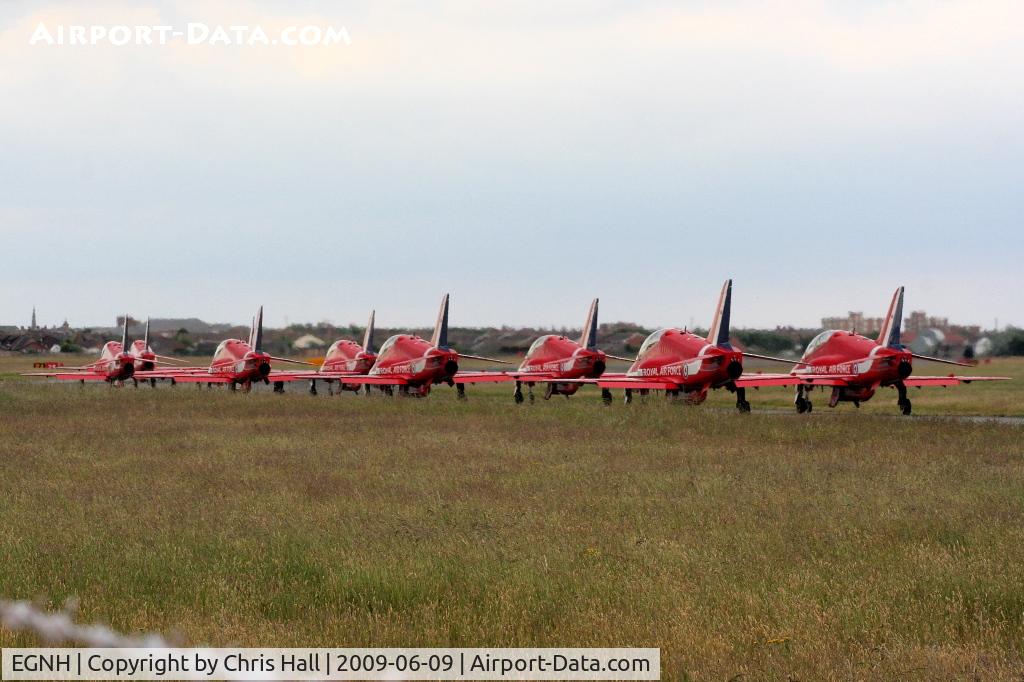 Blackpool International Airport, Blackpool, England United Kingdom (EGNH) - Red Arrows taxiing out line astern after a refueling stop prior to their display in the Isle of Man