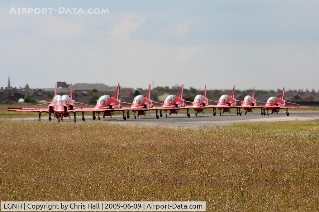 Blackpool International Airport, Blackpool, England United Kingdom (EGNH) - Red Arrows taxiing in line astern