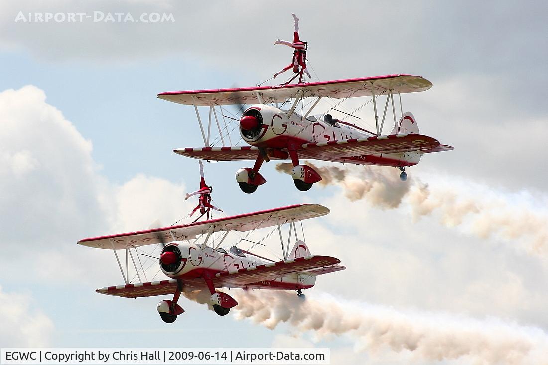 RAF Cosford Airport, Albrighton, England United Kingdom (EGWC) - Team Guinot Boeing Stearman displaying at the Cosford Air Show