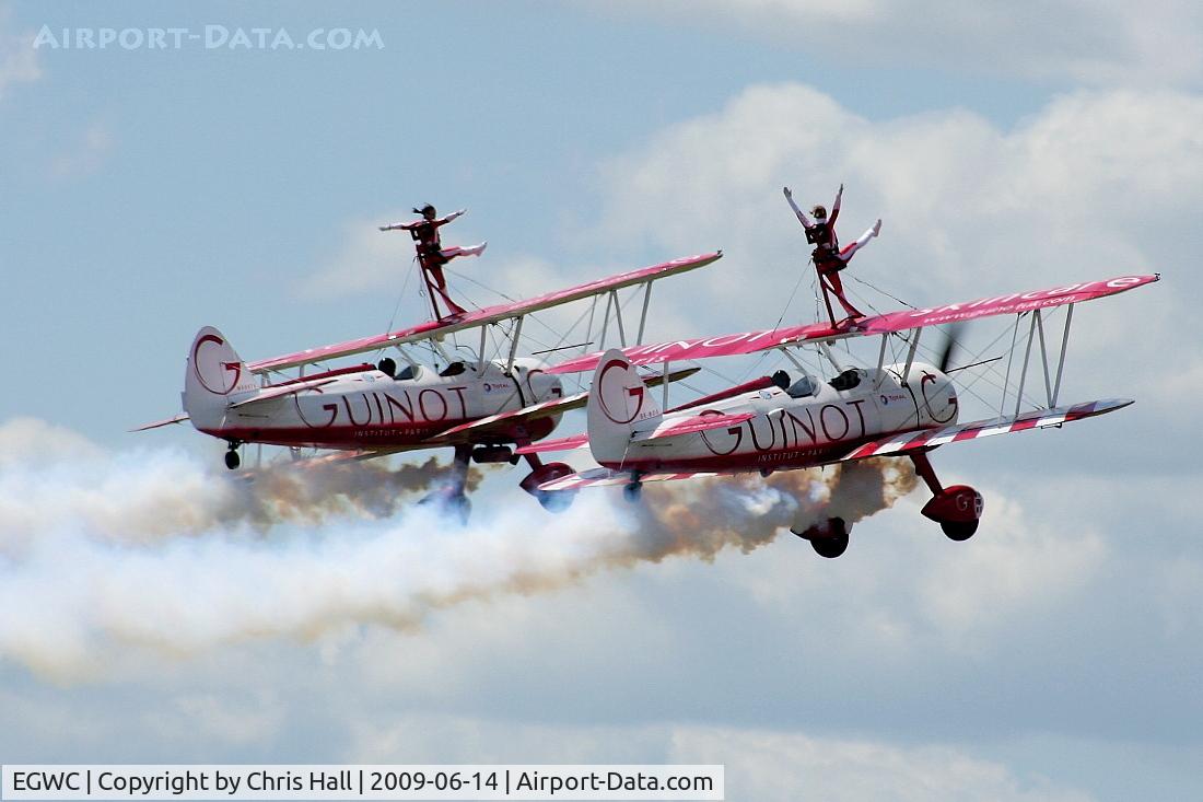 RAF Cosford Airport, Albrighton, England United Kingdom (EGWC) - Team Guinot Boeing Stearman displaying at the Cosford Air Show