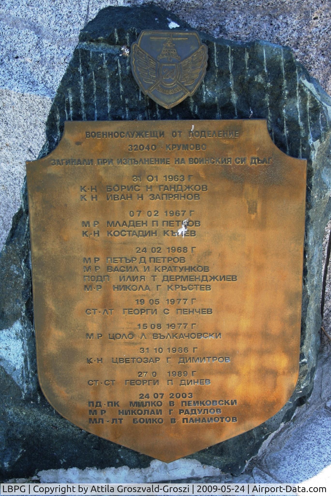 Graf Ignatievo Air Base (military) Airport, Graf Ignatievo / Plovdiv Bulgaria (LBPG) - Board on the pedestal of the monument, the accident suffered with pilots' list