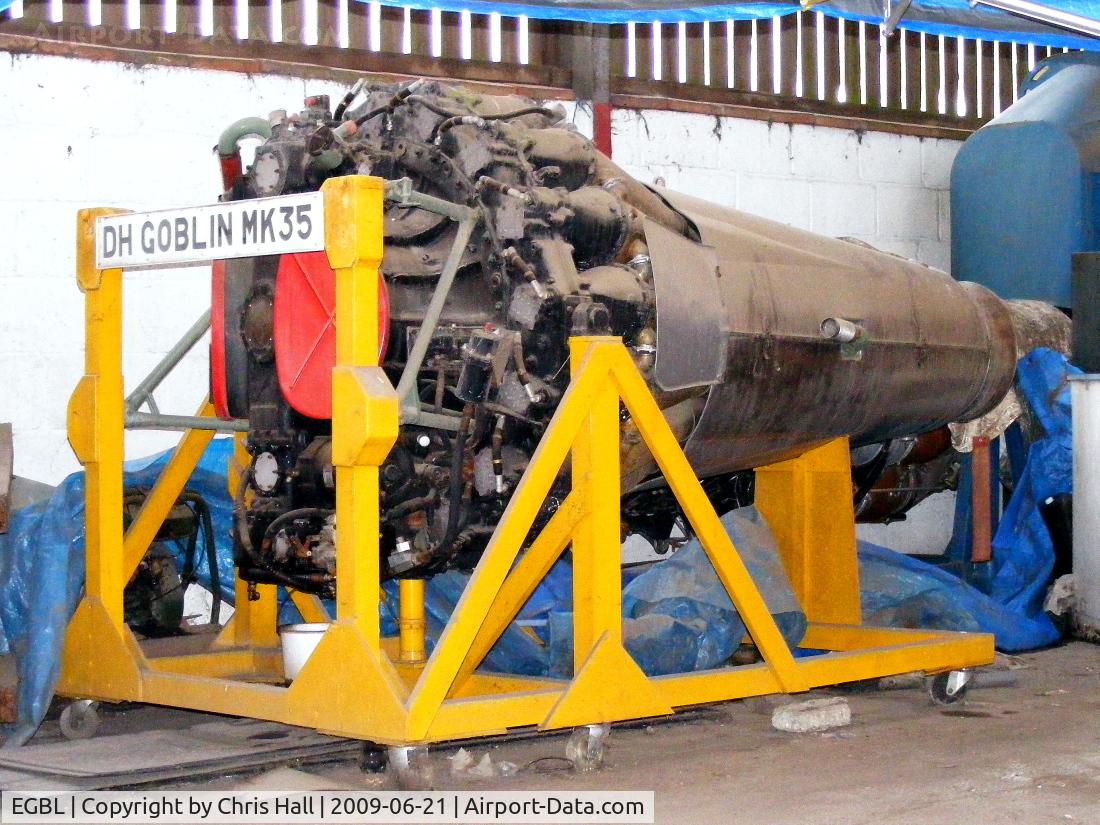 EGBL Airport - de Havilland Goblin turbojet engine in a hangar at Long Marston airfield
