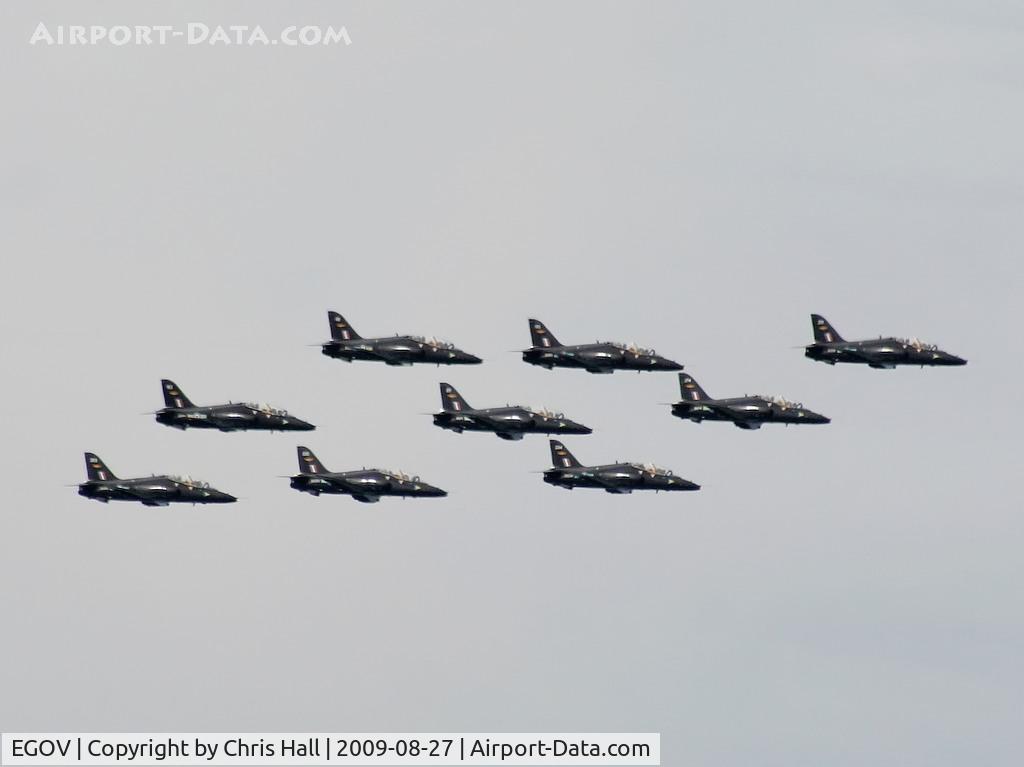 Anglesey Airport (Maes Awyr Môn) or RAF Valley, Anglesey United Kingdom (EGOV) - 9 RAF Hawks of No 4 FTS/208(R) Sqn displaying in a diamond formation