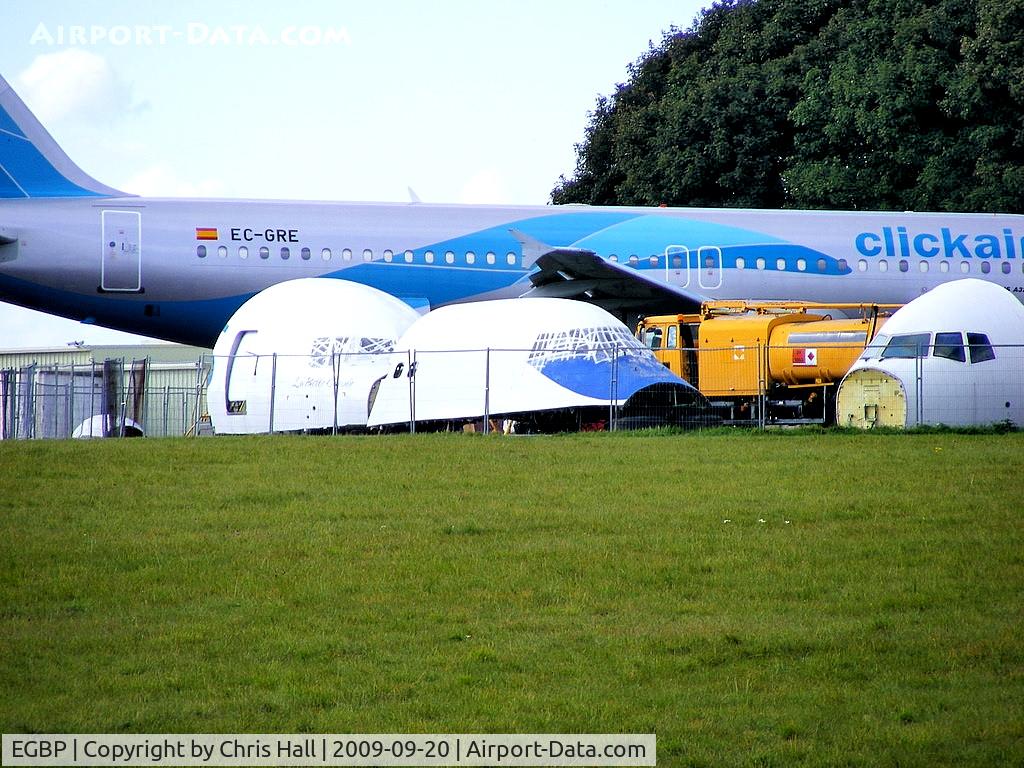 Kemble Airport, Kemble, England United Kingdom (EGBP) - The cockpits of aircraft that have been scrapped by ASI at Kemble, from L to R, Air Seychelles B767 S7-EXL, Air India B747 VT-EPX and Sky Express B737 VP-BBN