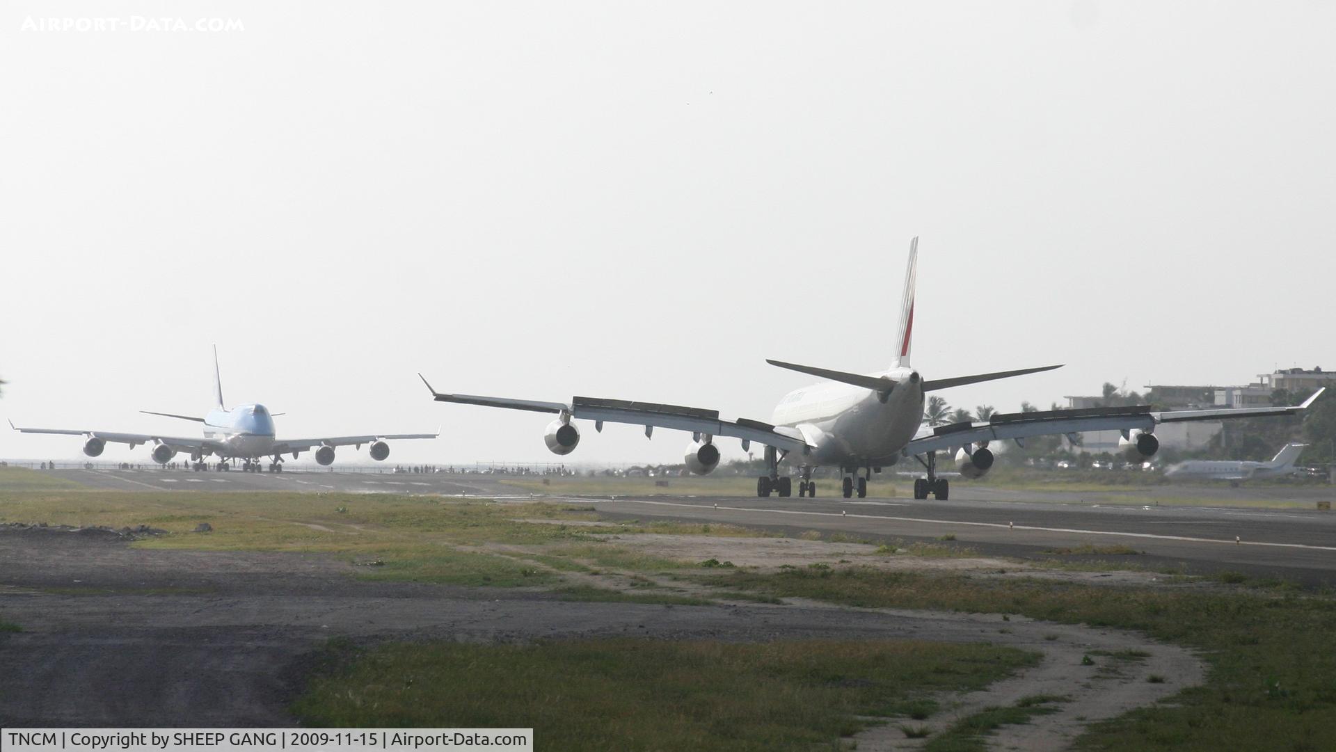 Princess Juliana International Airport, Philipsburg, Sint Maarten Netherlands Antilles (TNCM) - two huge birds on the runway at the same time. its  just a bit hazy that day