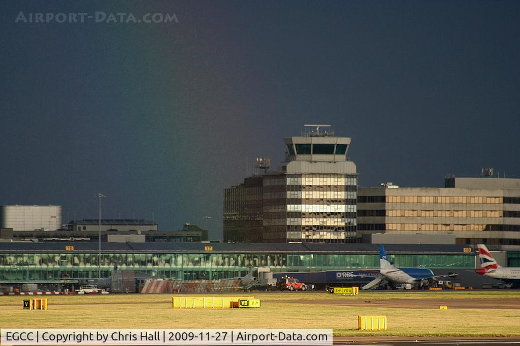 Manchester Airport, Manchester, England United Kingdom (EGCC) - Rainbow shining down on the control tower