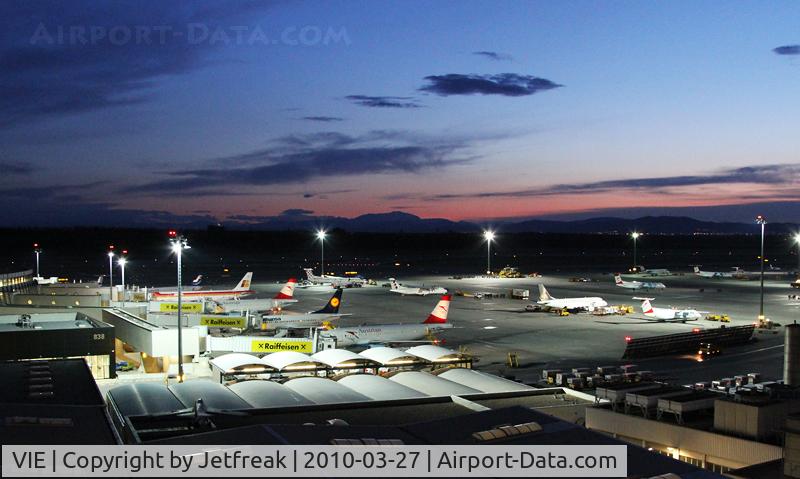 Vienna International Airport, Vienna Austria (VIE) - sunset; view from parking #3; with SP-LDC and OH-LKN