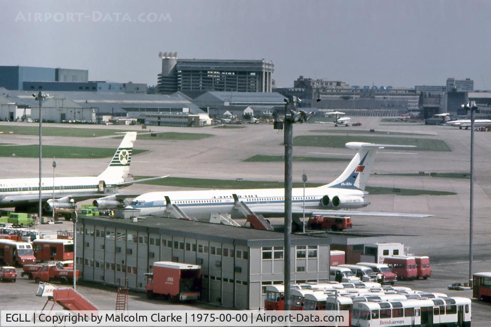 London Heathrow Airport, London, England United Kingdom (EGLL) - A view from The Queens Building across Heathrow Airport in 1975.