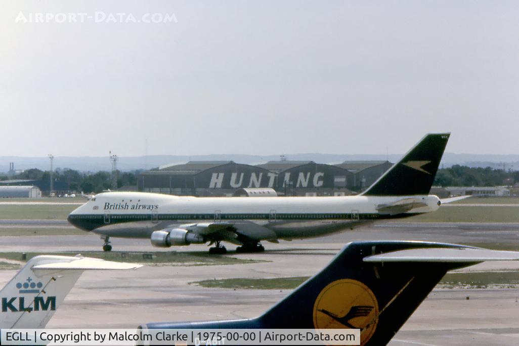 London Heathrow Airport, London, England United Kingdom (EGLL) - An unidentified Lufthansa Boeing 747 taxying at Heathrow Airport in 1975.