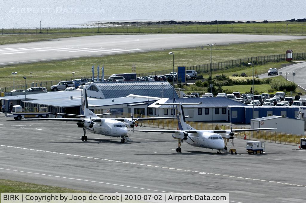 Reykjavík Airport, Reykjavík Iceland (BIRK) - Overview of the Reykjavik flightline from the adjecent Perlan building. The Fokker 50 is TF-JMN