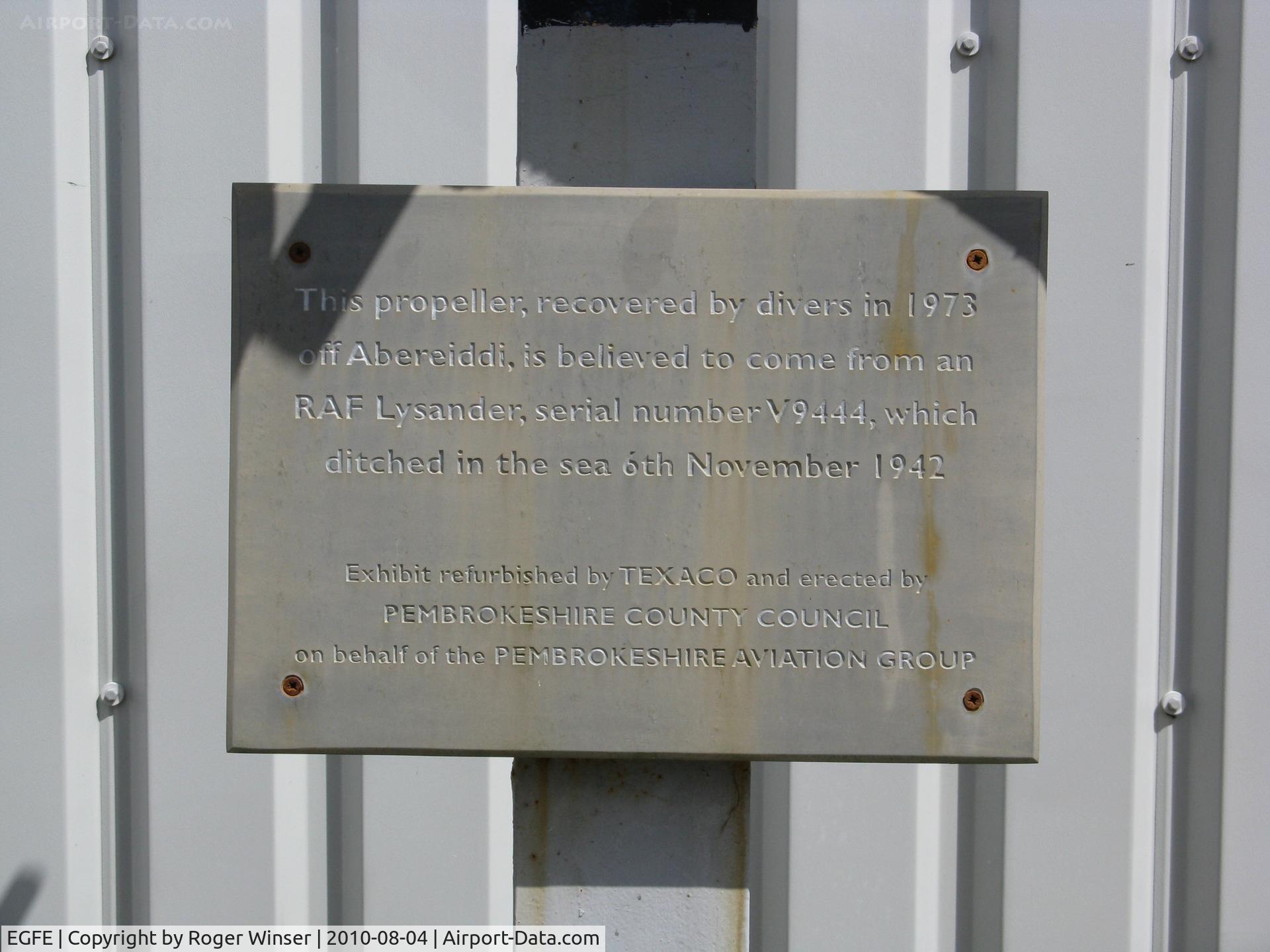 Haverfordwest Aerodrome Airport, Haverfordwest, Wales United Kingdom (EGFE) - Description of the propellor on display at Haverfordwest Airport.