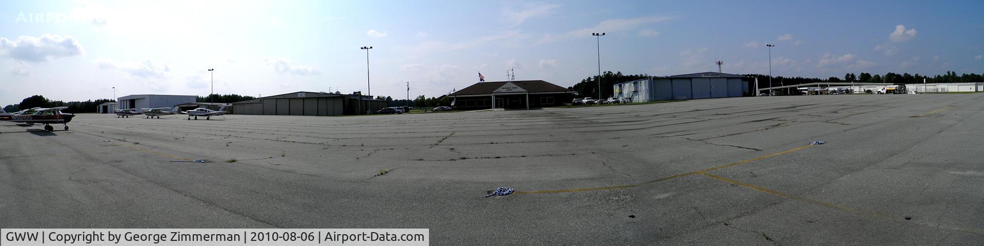 Wayne Executive Jetport Airport (GWW) - 3-Shot Panorama of Terminal Building and South Hangers.  This airport will be closed for renovations from August 30 - October 24, 2010