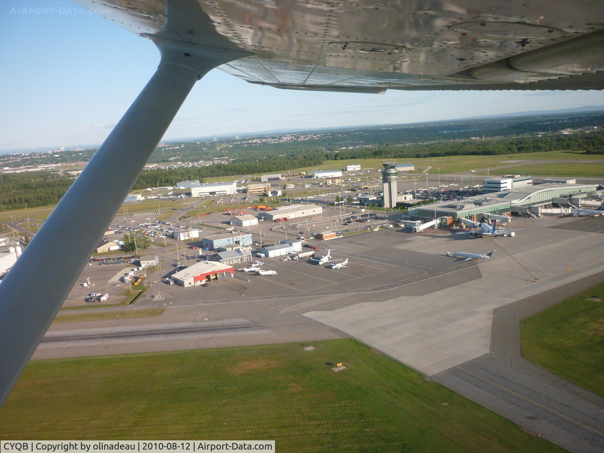 Québec/Jean Lesage International Airport (Jean Lesage International Airport), Quebec City, Quebec Canada (CYQB) - CYQB overview fron Cessna 172 C-GLFQ just after takeoff from funway 06. Can be seen: Continental Express Embraer ERJ145, Air Transat Airbus A310-200, WestJet Boeing 737-700 ans some others private jets and prop aircrafts.
