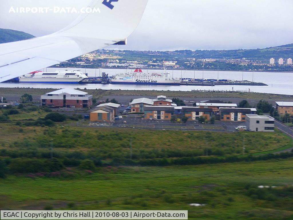 George Best Belfast City Airport, Belfast, Northern Ireland United Kingdom (EGAC) - on short finals into Belfast City Airport onboard Ryanair B737 EI-EFC