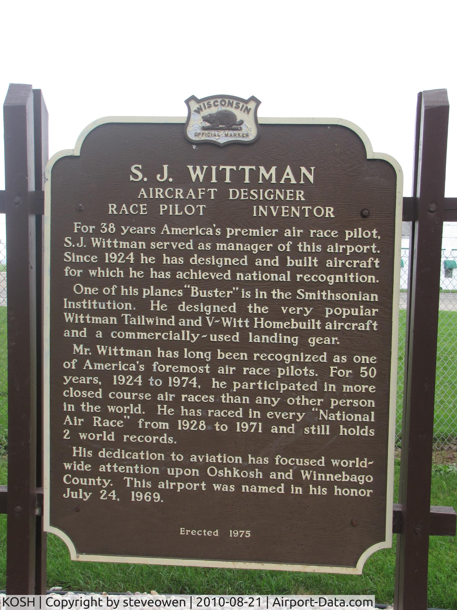 Wittman Regional Airport (OSH) - Historical marker at KOSH explaining for whom the field is named after