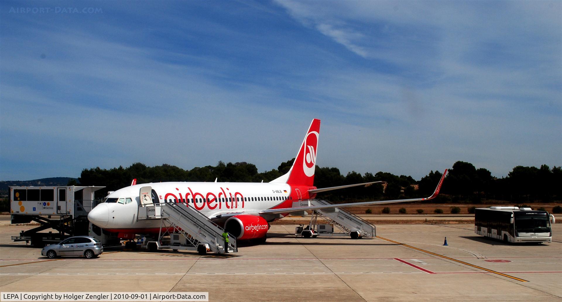 Palma de Mallorca Airport (or Son Sant Joan Airport), Palma de Mallorca Spain (LEPA) - View to eastside apron where D-ABLB is getting prepared for a return flight to Germany.