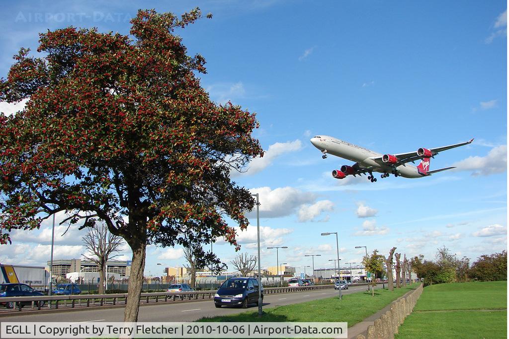 London Heathrow Airport, London, England United Kingdom (EGLL) - Virgin A340 returns to home base at London Heathrow