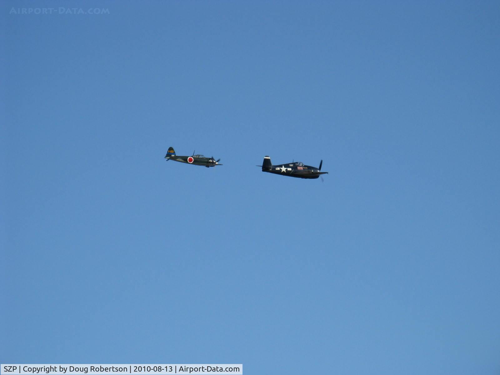 Santa Paula Airport (SZP) - Dogfight airshow practice-N712Z Mitsubishi A6M3 ZERO-SEN (ZEKE) vs. N1078Z S&S Special Grumman F6F-6 HELLCAT 'Minsi III'