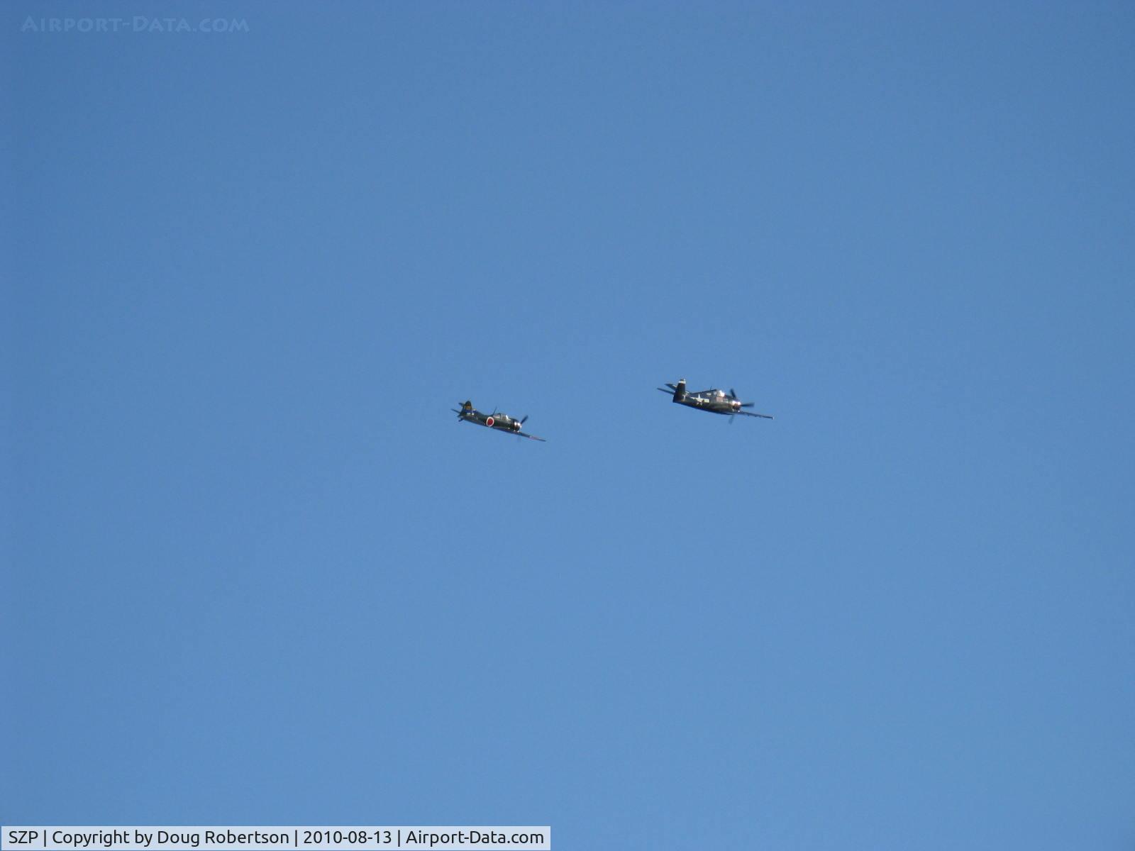 Santa Paula Airport (SZP) - Dogfight airshow practice-N712Z Mitsubishi A6M3 ZERO-SEN (ZEKE) vs. N1078Z S&S Special GRUMMAN F6F-6 HELLCAT 'Minsi III'